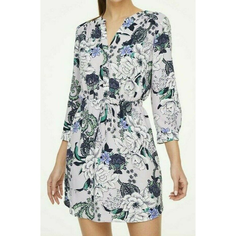 LOFT Floral Drawstring Waist Utility Shirtdress Lavender Purple - Size Small